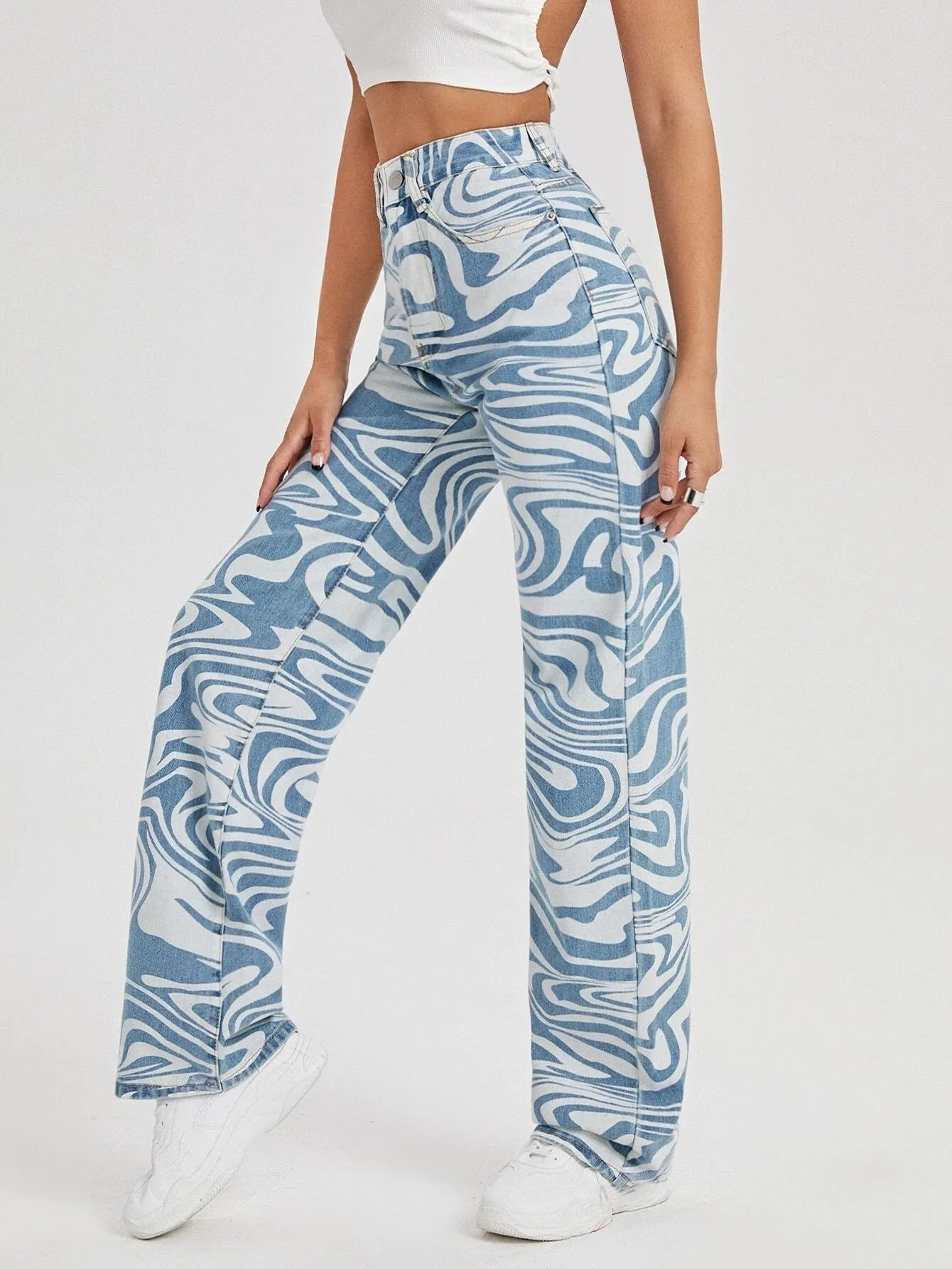 CM-BS115482 Women Preppy Seoul Style High Waist All Over Print Wide Leg Jeans - Blue