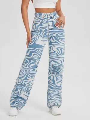 CM-BS115482 Women Preppy Seoul Style High Waist All Over Print Wide Leg Jeans - Blue