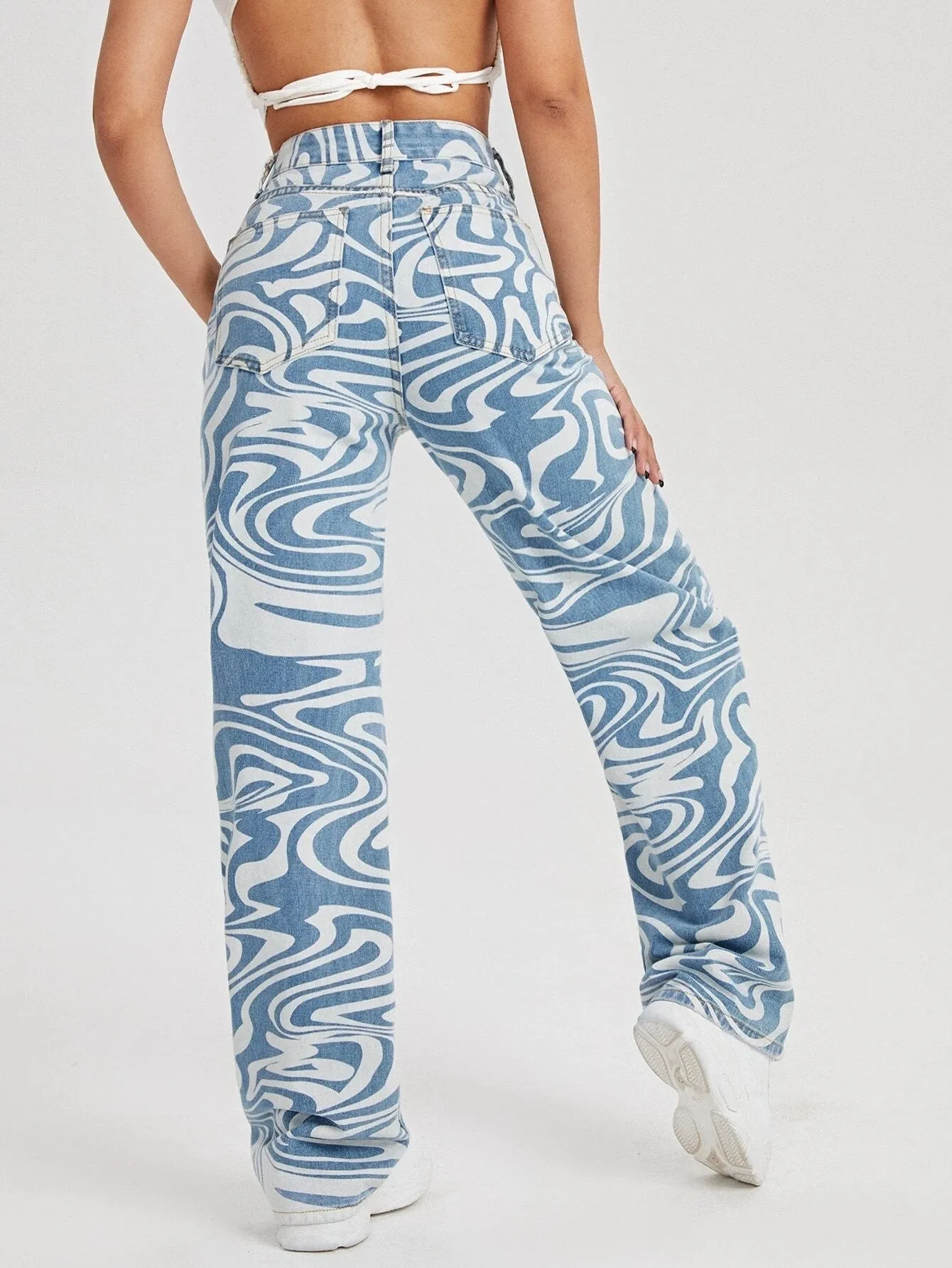 CM-BS115482 Women Preppy Seoul Style High Waist All Over Print Wide Leg Jeans - Blue