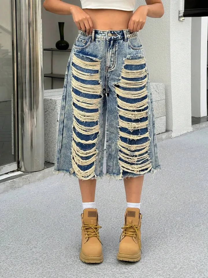CM-BS125088 Women Casual Seoul Style Pocket Distressed Fringe Relaxed Loose Fit Jeans - Blue