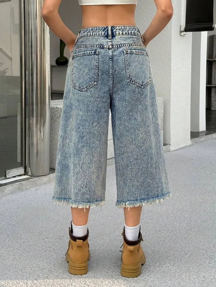 CM-BS125088 Women Casual Seoul Style Pocket Distressed Fringe Relaxed Loose Fit Jeans - Blue