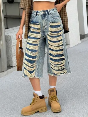 CM-BS125088 Women Casual Seoul Style Pocket Distressed Fringe Relaxed Loose Fit Jeans - Blue