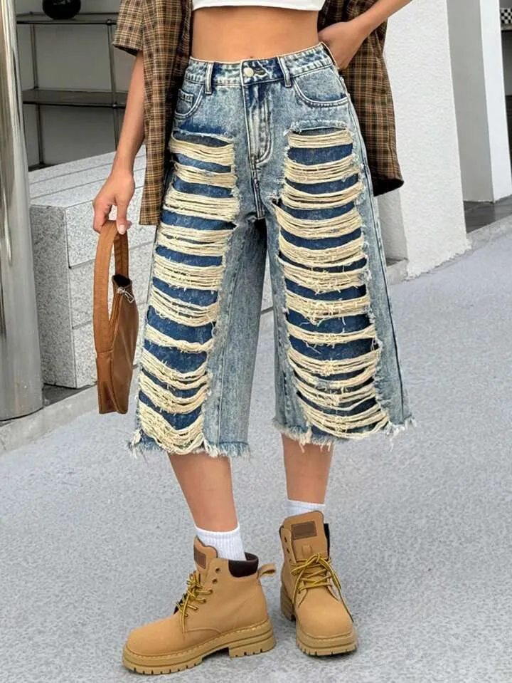 CM-BS125088 Women Casual Seoul Style Pocket Distressed Fringe Relaxed Loose Fit Jeans - Blue