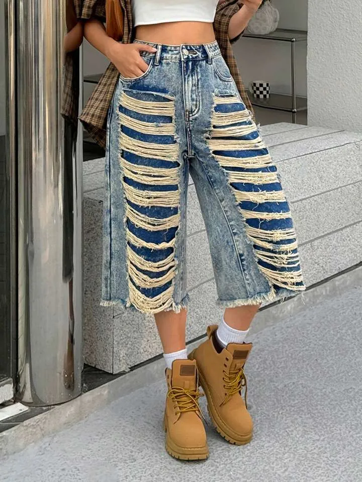 CM-BS125088 Women Casual Seoul Style Pocket Distressed Fringe Relaxed Loose Fit Jeans - Blue