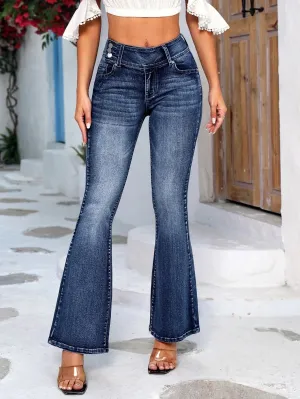 CM-BS157721 Women Preppy Seoul Style Dark Wash Drop Waist Flare Leg Jeans