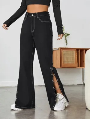 CM-BS167543 Women Preppy Seoul Style Top-stitching Chain Detail Split Hem Flare Leg Jeans