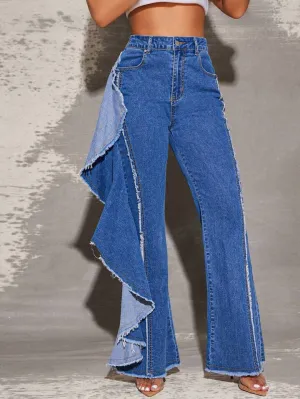 CM-BS177585 Women Casual Seoul Style Medium Wash Ruffle Raw Edge Seam High Waist Stretch Denim Jeans