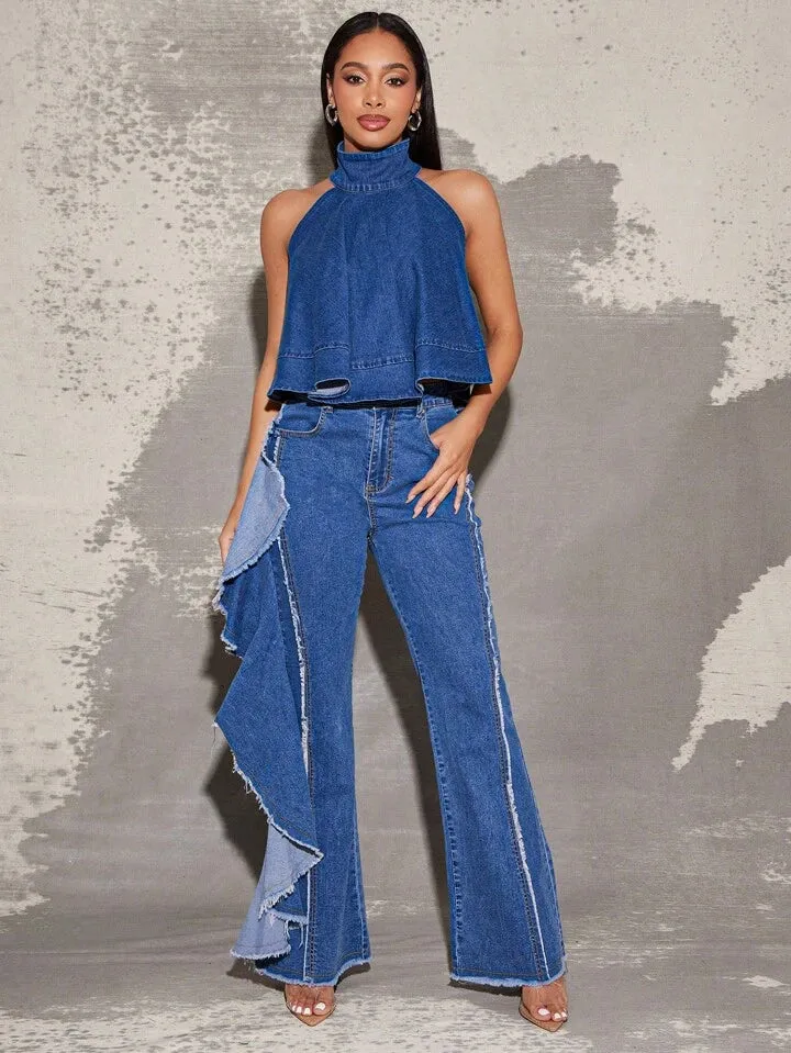 CM-BS177585 Women Casual Seoul Style Medium Wash Ruffle Raw Edge Seam High Waist Stretch Denim Jeans