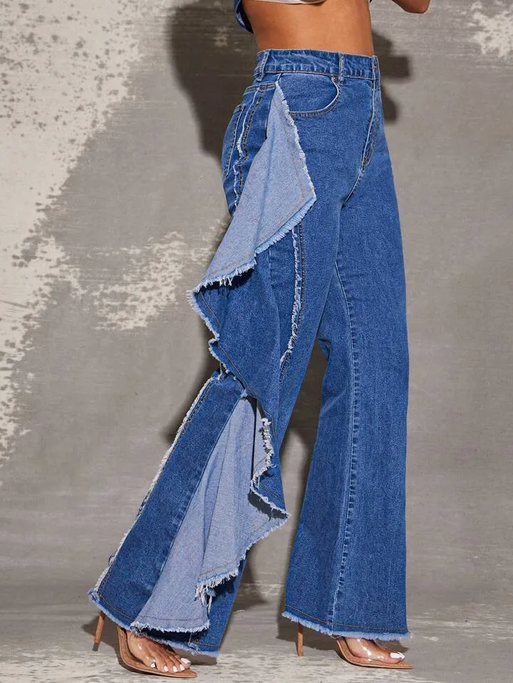 CM-BS177585 Women Casual Seoul Style Medium Wash Ruffle Raw Edge Seam High Waist Stretch Denim Jeans