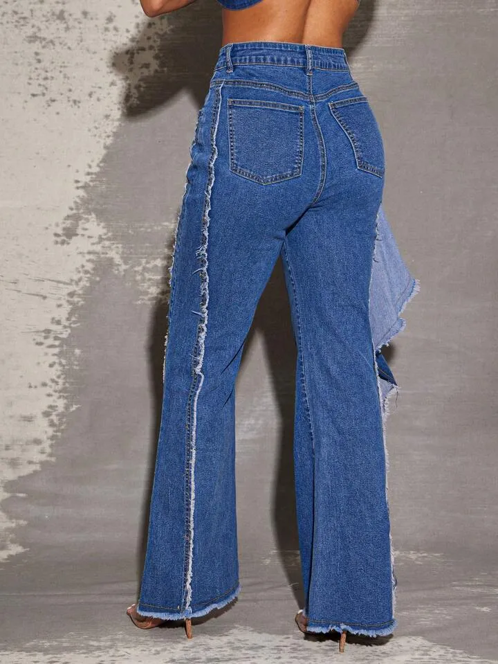 CM-BS177585 Women Casual Seoul Style Medium Wash Ruffle Raw Edge Seam High Waist Stretch Denim Jeans