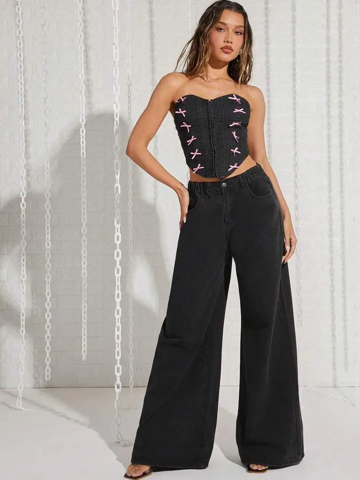 CM-BS178344 Women Casual Seoul Style Versatile Solid Color Wide Leg Jeans - Black