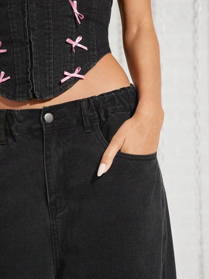 CM-BS178344 Women Casual Seoul Style Versatile Solid Color Wide Leg Jeans - Black