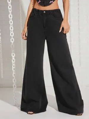 CM-BS178344 Women Casual Seoul Style Versatile Solid Color Wide Leg Jeans - Black