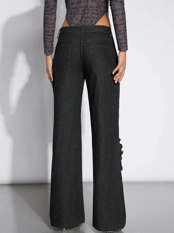 CM-BS180086 Women Casual Seoul Style Slant Pocket Distressed Flare Leg Jeans - Black