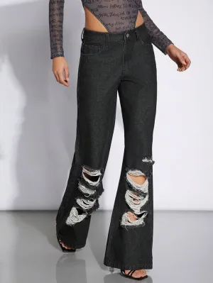 CM-BS180086 Women Casual Seoul Style Slant Pocket Distressed Flare Leg Jeans - Black