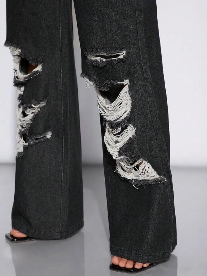 CM-BS180086 Women Casual Seoul Style Slant Pocket Distressed Flare Leg Jeans - Black