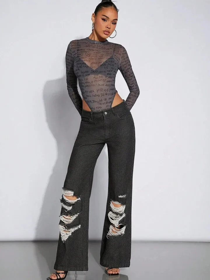 CM-BS180086 Women Casual Seoul Style Slant Pocket Distressed Flare Leg Jeans - Black
