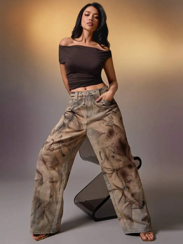 CM-BS183783 Women Casual Seoul Style Abstract Wash High Waist Relaxed Fit Wide Leg Jeans