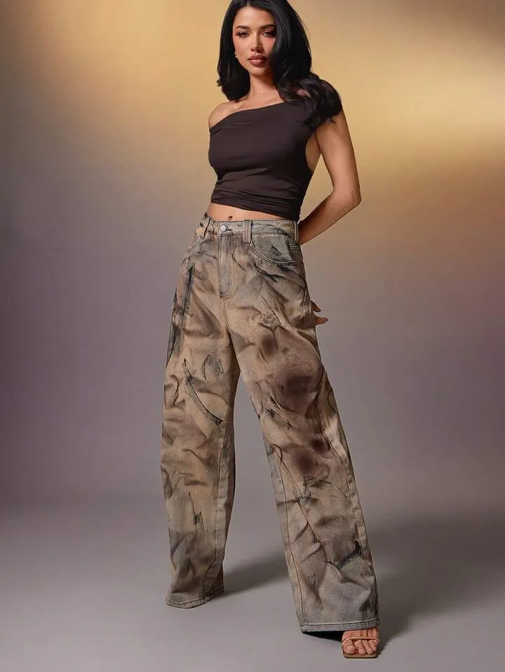 CM-BS183783 Women Casual Seoul Style Abstract Wash High Waist Relaxed Fit Wide Leg Jeans
