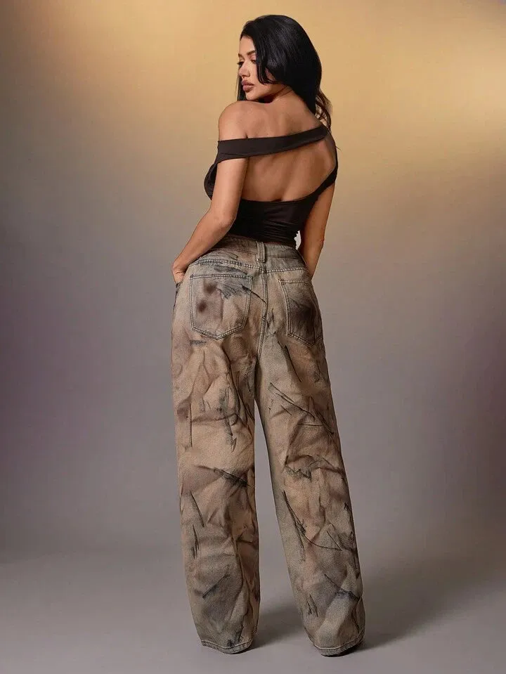 CM-BS183783 Women Casual Seoul Style Abstract Wash High Waist Relaxed Fit Wide Leg Jeans