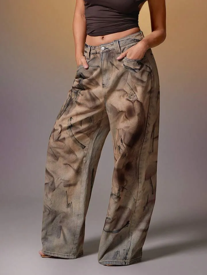 CM-BS183783 Women Casual Seoul Style Abstract Wash High Waist Relaxed Fit Wide Leg Jeans