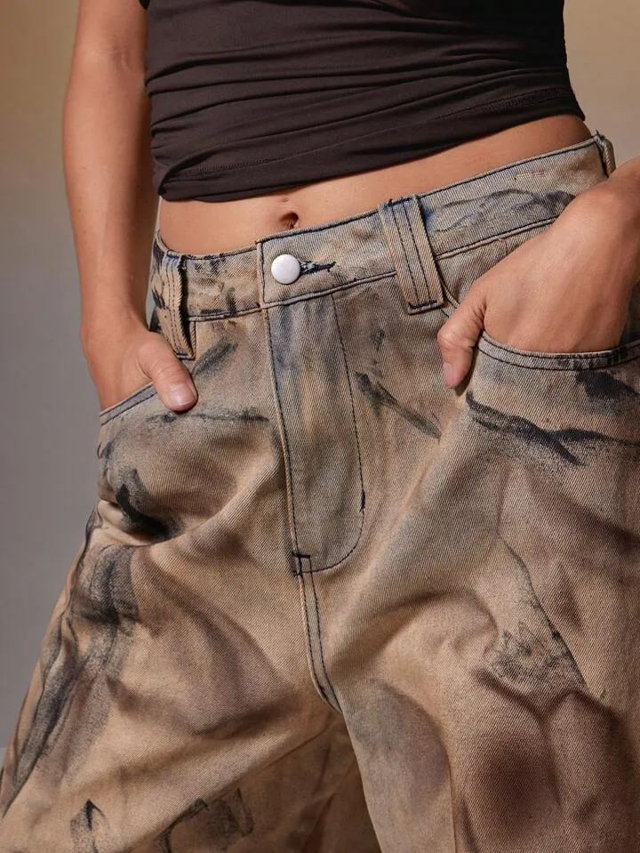 CM-BS183783 Women Casual Seoul Style Abstract Wash High Waist Relaxed Fit Wide Leg Jeans