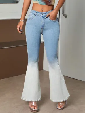 CM-BS185776 Women Preppy Seoul Style Ombre Print Flare Leg Jeans - Blue