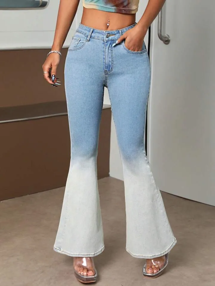 CM-BS185776 Women Preppy Seoul Style Ombre Print Flare Leg Jeans - Blue