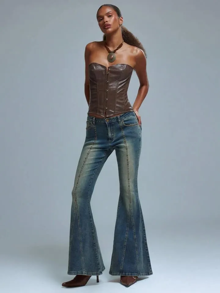 CM-BS187828 Women Casual Seoul Style Low Rise Studded Flare Leg Jeans