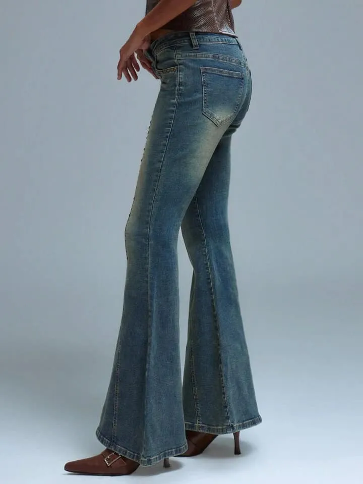 CM-BS187828 Women Casual Seoul Style Low Rise Studded Flare Leg Jeans