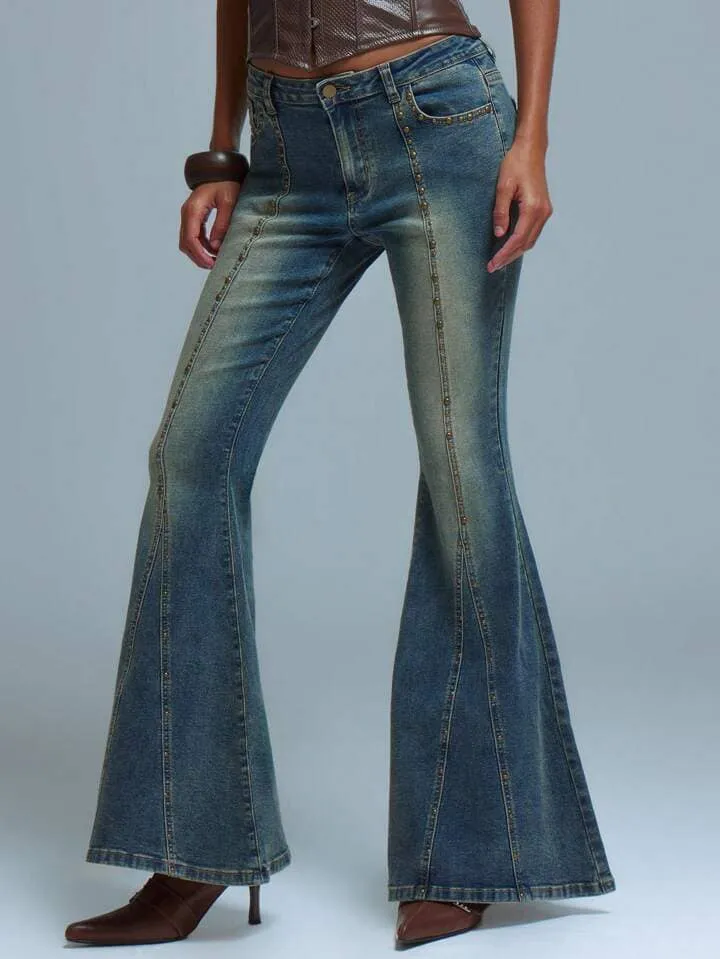 CM-BS187828 Women Casual Seoul Style Low Rise Studded Flare Leg Jeans