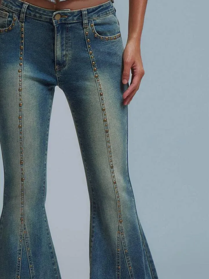 CM-BS187828 Women Casual Seoul Style Low Rise Studded Flare Leg Jeans