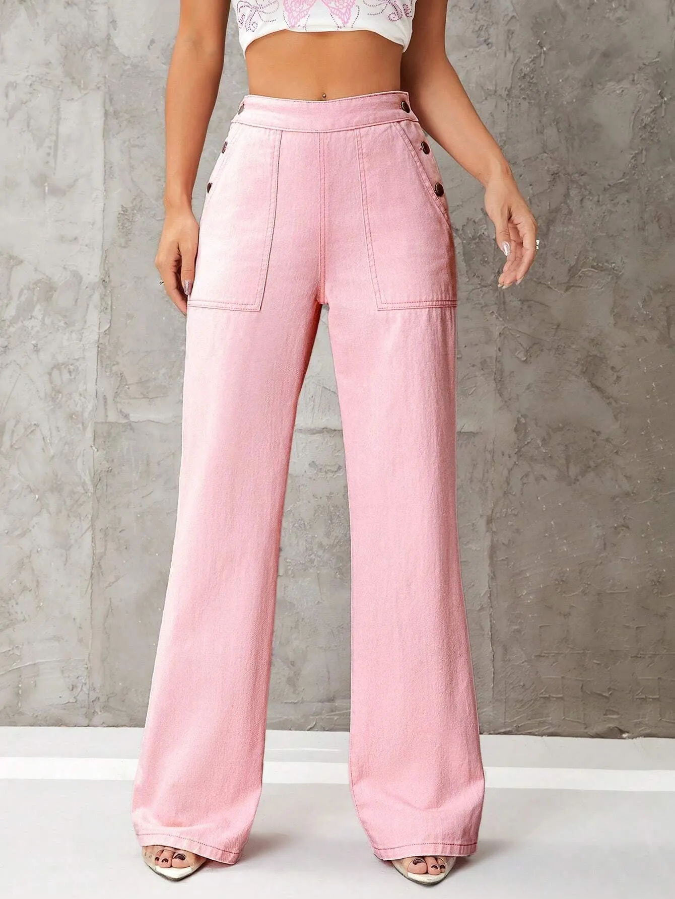 CM-BS192030 Women Casual Seoul Style High Waist Button Detail Wide Leg Jeans - Pink