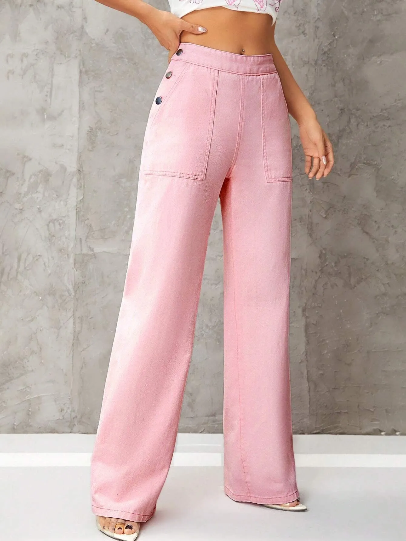 CM-BS192030 Women Casual Seoul Style High Waist Button Detail Wide Leg Jeans - Pink