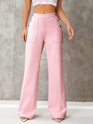 CM-BS192030 Women Casual Seoul Style High Waist Button Detail Wide Leg Jeans - Pink