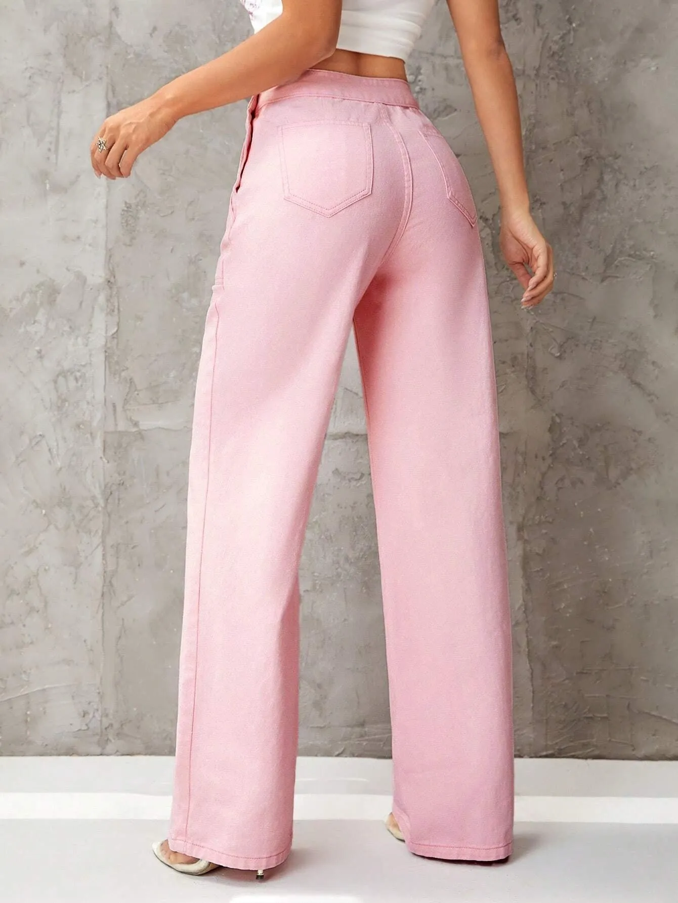 CM-BS192030 Women Casual Seoul Style High Waist Button Detail Wide Leg Jeans - Pink
