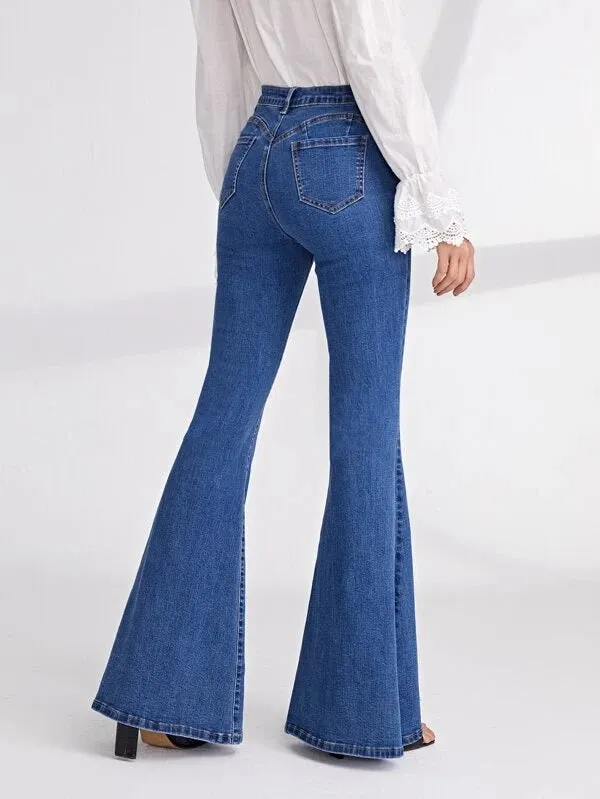 CM-BS205619 Women Casual Seoul Style Medium Wash High Waist Button Fly Flare Leg Jeans