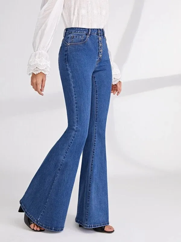 CM-BS205619 Women Casual Seoul Style Medium Wash High Waist Button Fly Flare Leg Jeans