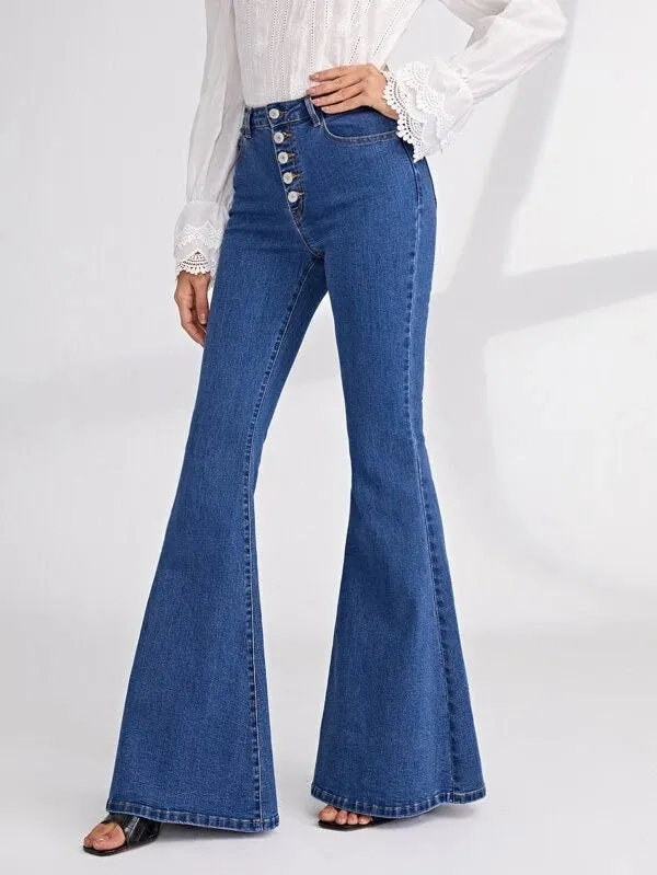 CM-BS205619 Women Casual Seoul Style Medium Wash High Waist Button Fly Flare Leg Jeans