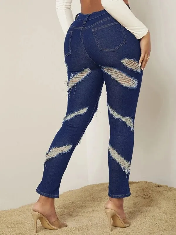 CM-BS222125 Women Casual Seoul Style Dark Wash High Waist Ripped Mom Fit Jeans