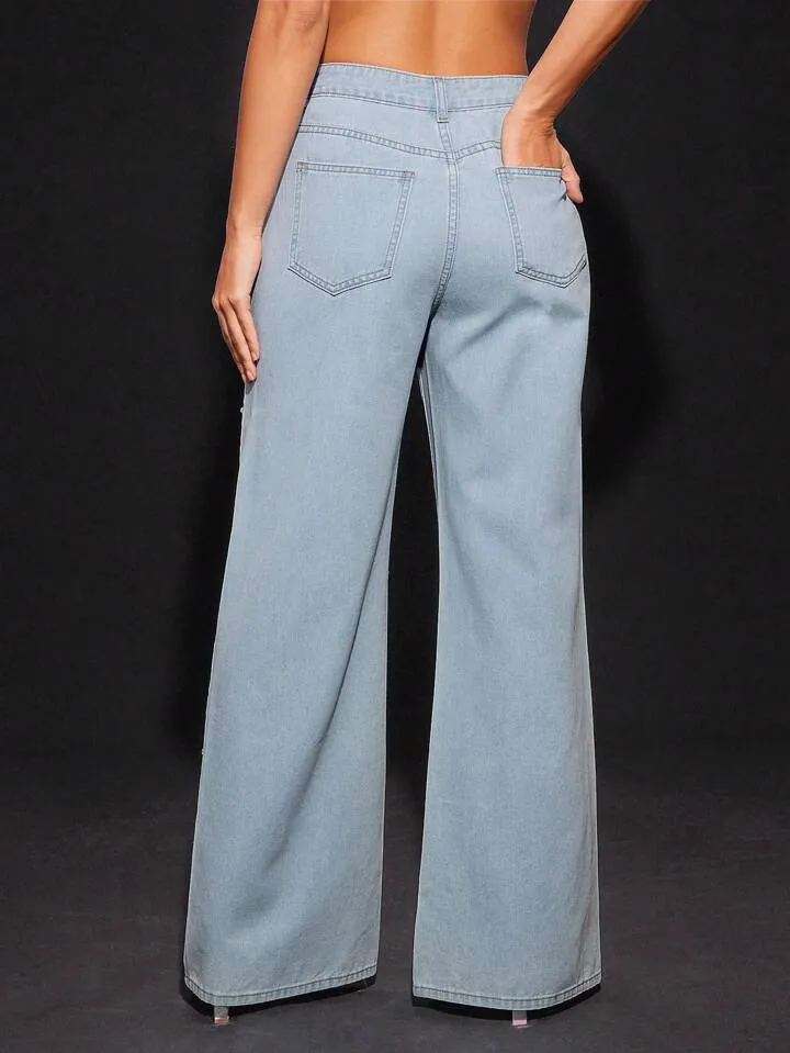 CM-BS241087 Women Casual Seoul Style Light Wash Chain Rhinestone Accent Zipper Pocket Jeans