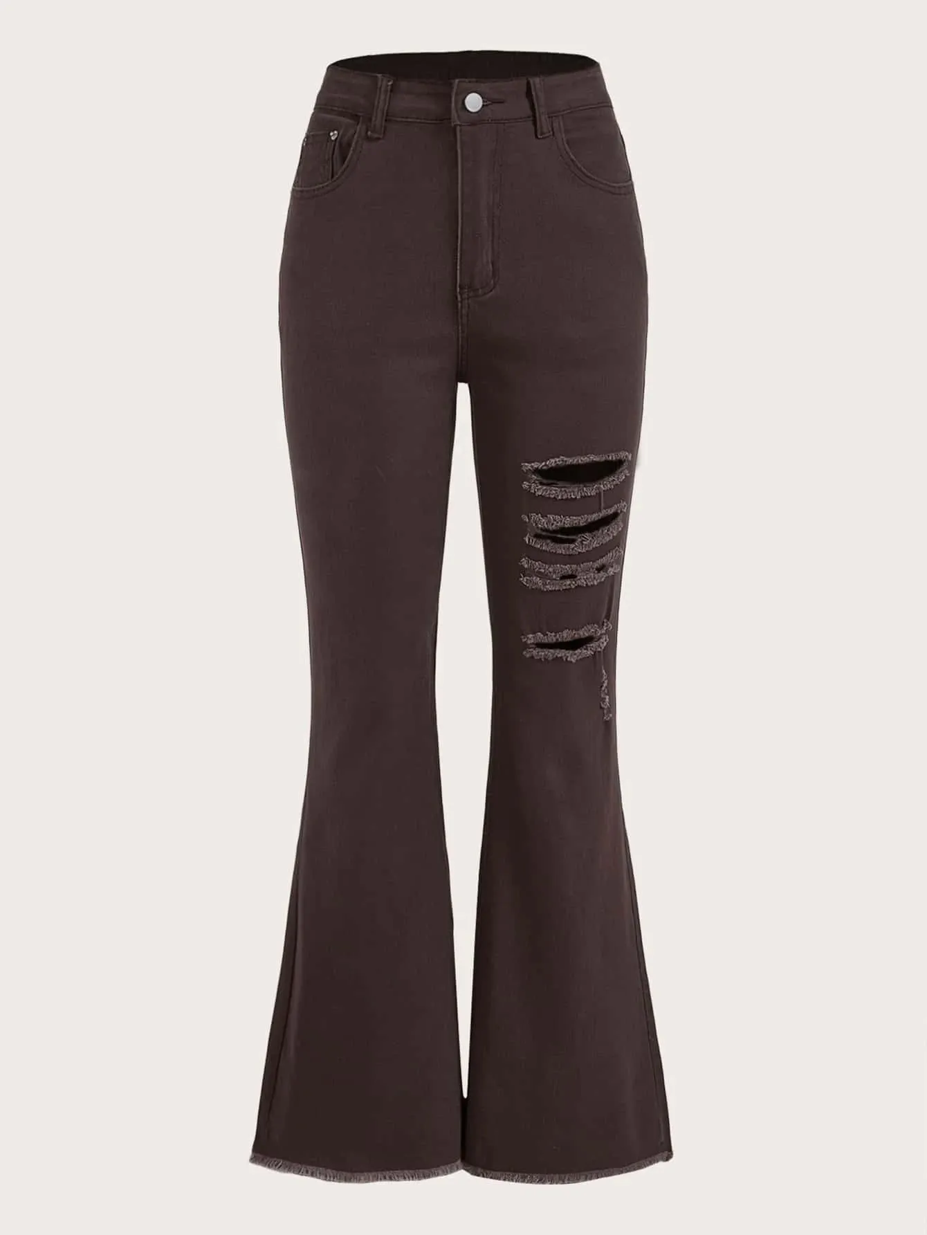 CM-BS258088 Women Preppy Seoul Style High Waist Ripped Raw Hem Flare Leg Jeans - Chocolate Brown