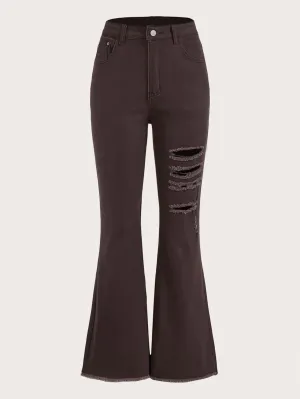 CM-BS258088 Women Preppy Seoul Style High Waist Ripped Raw Hem Flare Leg Jeans - Chocolate Brown