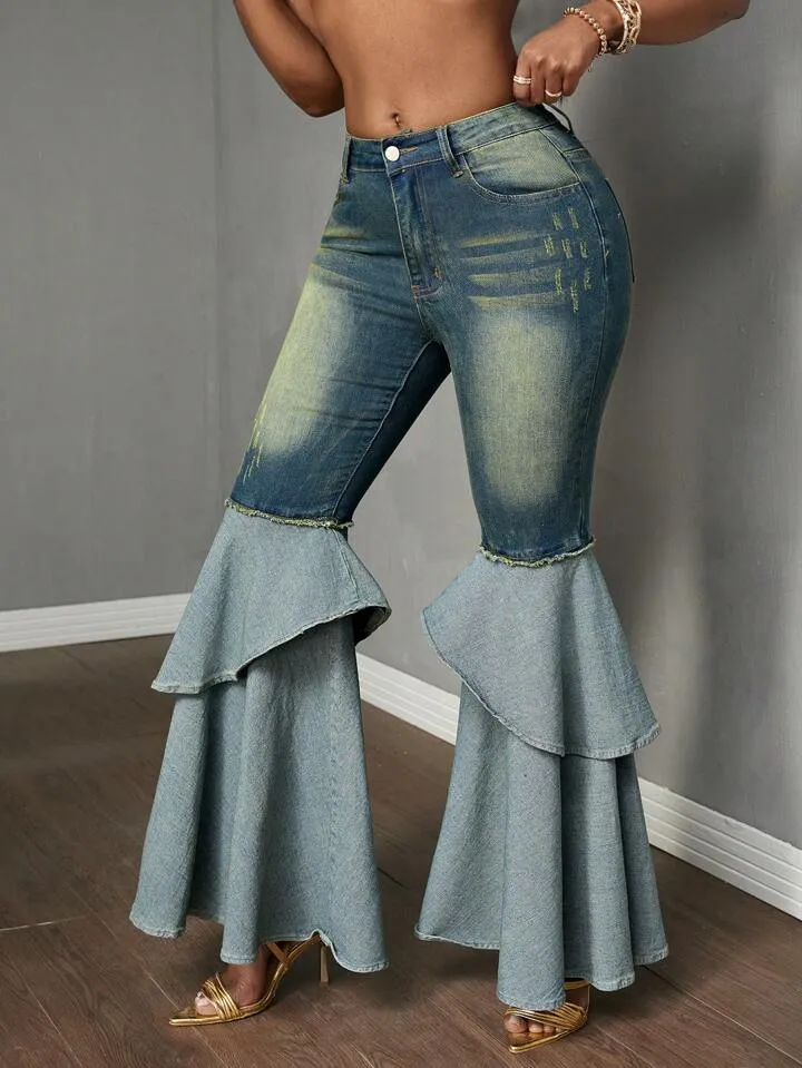 CM-BS271478 Women Casual Seoul Style Dark Wash Double-Layered Ruffle Hem Zip Hem Jeans
