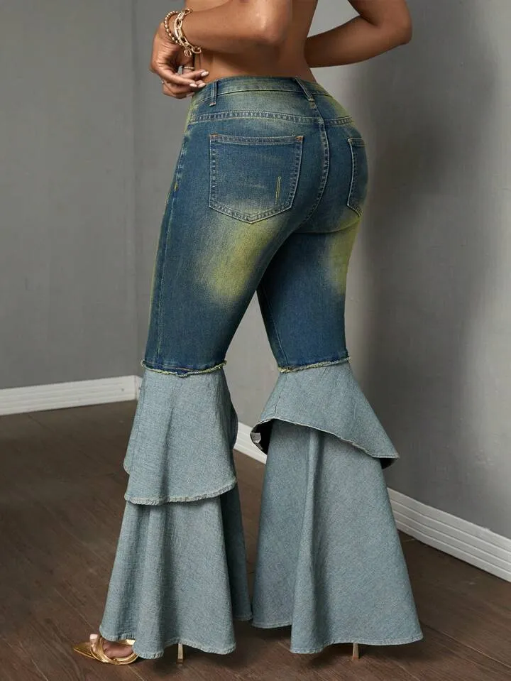 CM-BS271478 Women Casual Seoul Style Dark Wash Double-Layered Ruffle Hem Zip Hem Jeans