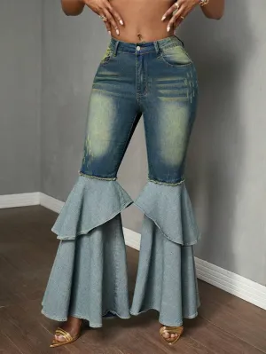 CM-BS271478 Women Casual Seoul Style Dark Wash Double-Layered Ruffle Hem Zip Hem Jeans