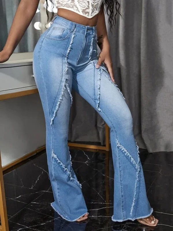 CM-BS281882 Women Casual Seoul Style Medium Wash Raw Trim Flared Leg Jeans