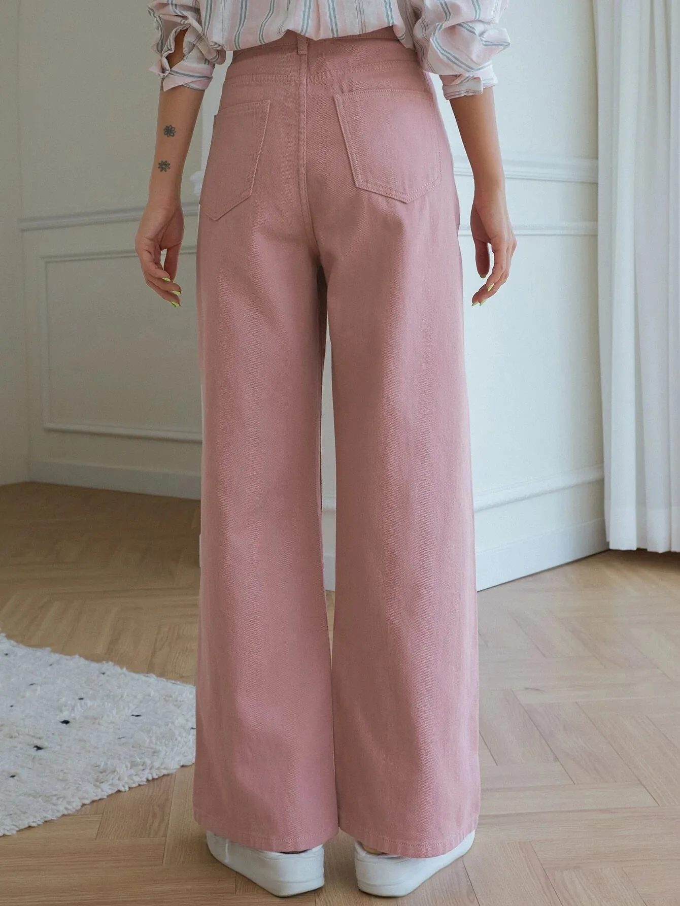 CM-BS431016 Women Casual Seoul Style High Waist Wide Leg Jeans - Pink