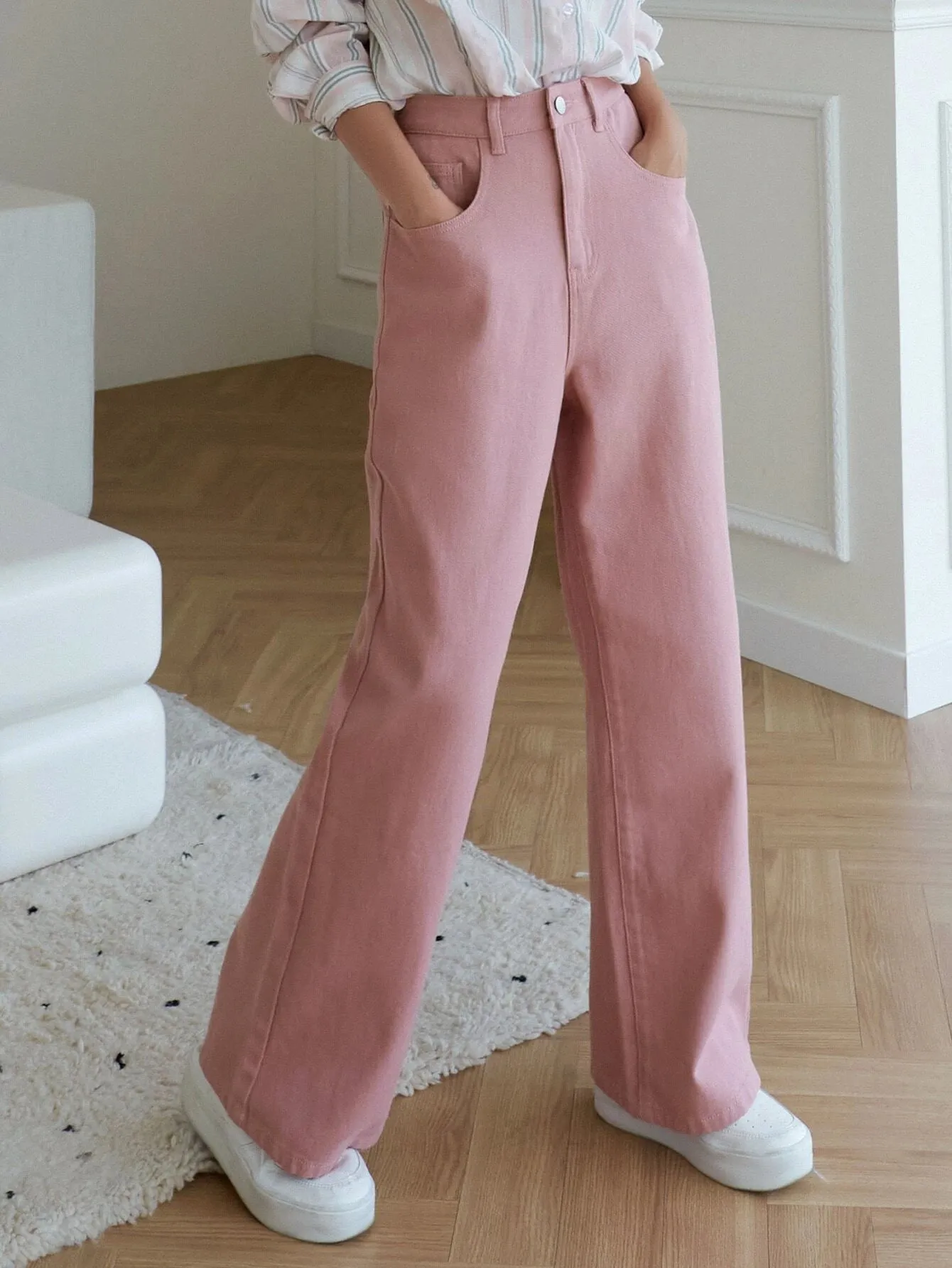CM-BS431016 Women Casual Seoul Style High Waist Wide Leg Jeans - Pink
