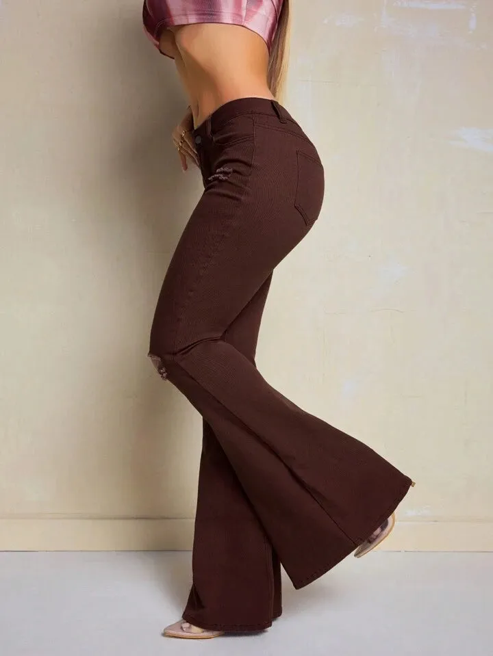 CM-BS438585 Women Casual Seoul Style Solid Color Frayed Hem Skinny Flared Jeans - Coffee Brown